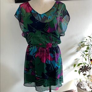 Express Sheer Tropical Floral Short Dress - Green, Navy, Fuchsia
